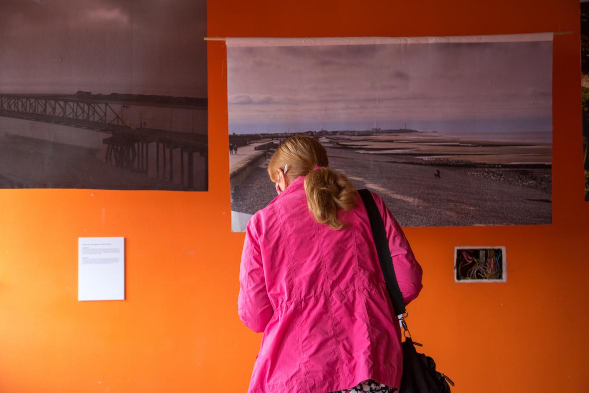 A woman with her back to us, with long hair wearing a pink jacket looks at a painting of a coastline on an orange gallery wall