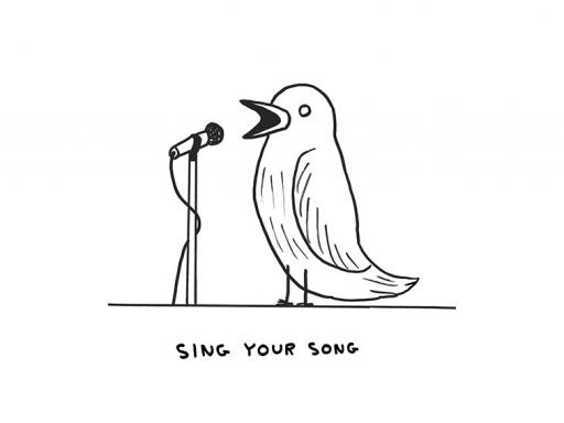 Image by David Shrigley of a bird singing into a microphone