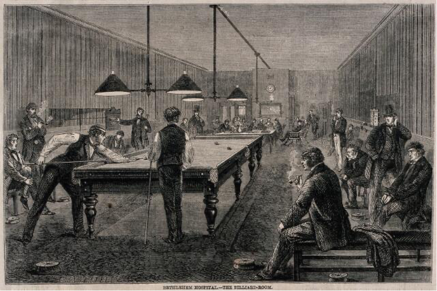 A group of men playing billiard in a room at Bethlem Hospital in 1860.