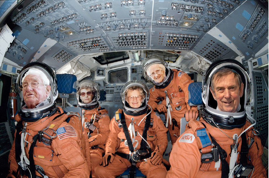 a digital collage featuring five older people's faces superimposed onto images of astronauts inside a spaceship