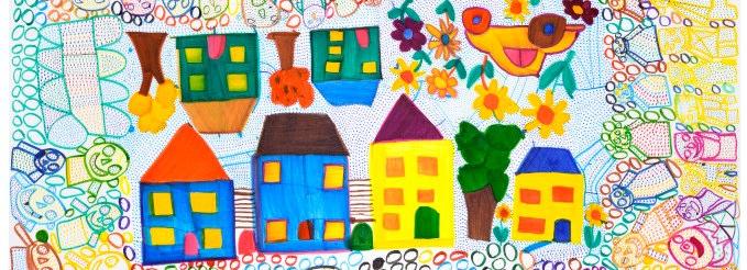 a colourful hand-drawn picture of houses and people seen from above.