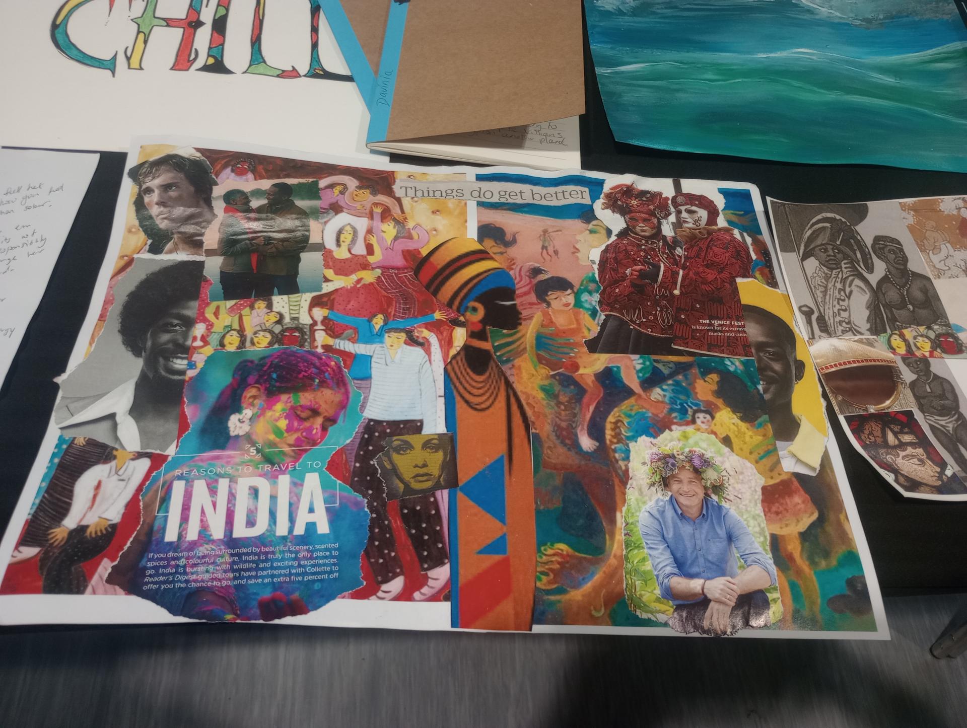 a colourful collage of magazine images and paint