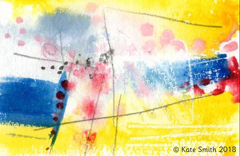 A brightly-coloured abstract paiting called Celebrating Psychosis, by Kate Smith