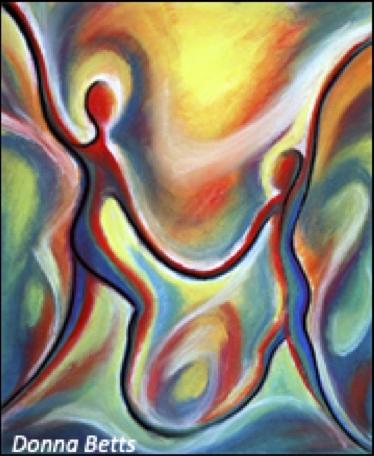 pastel image by Donna Betts of two colourful figures dancing