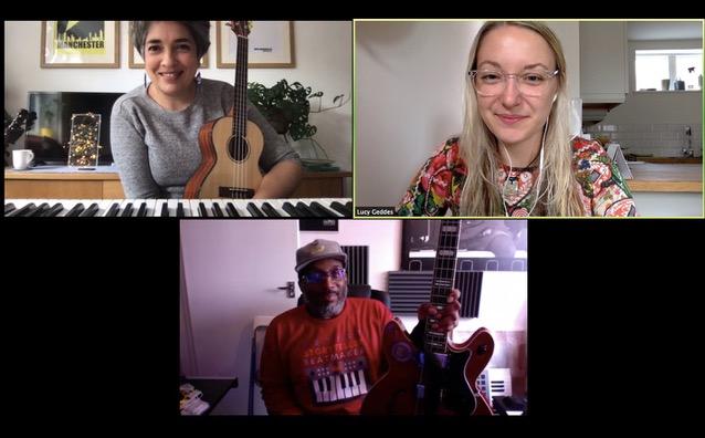 Three musicians on a split screen on zoom: Clive Hunte, Amina Hussain, Lucy Geddes