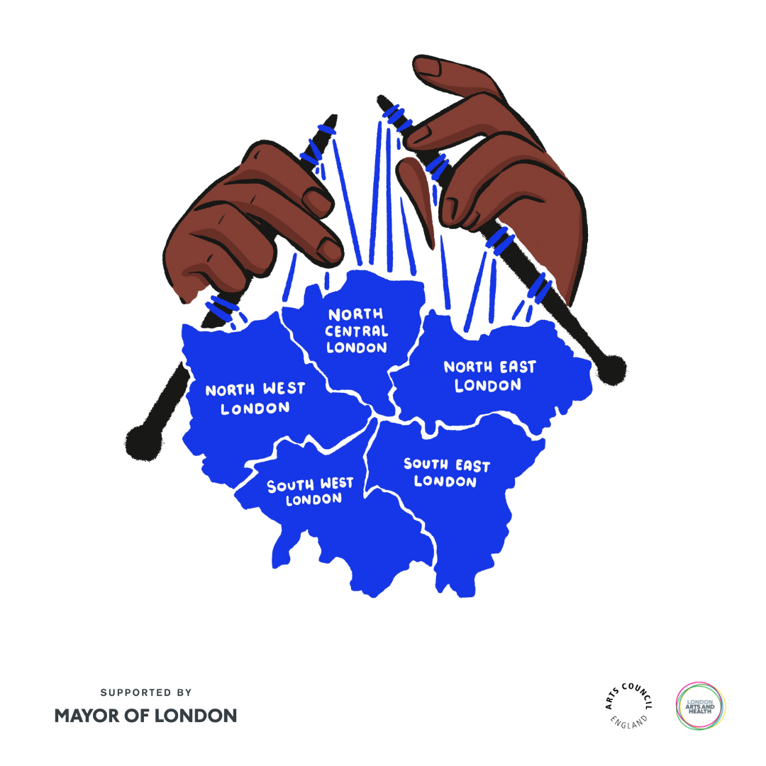 a cartoon of two hands knitting together the areas of london