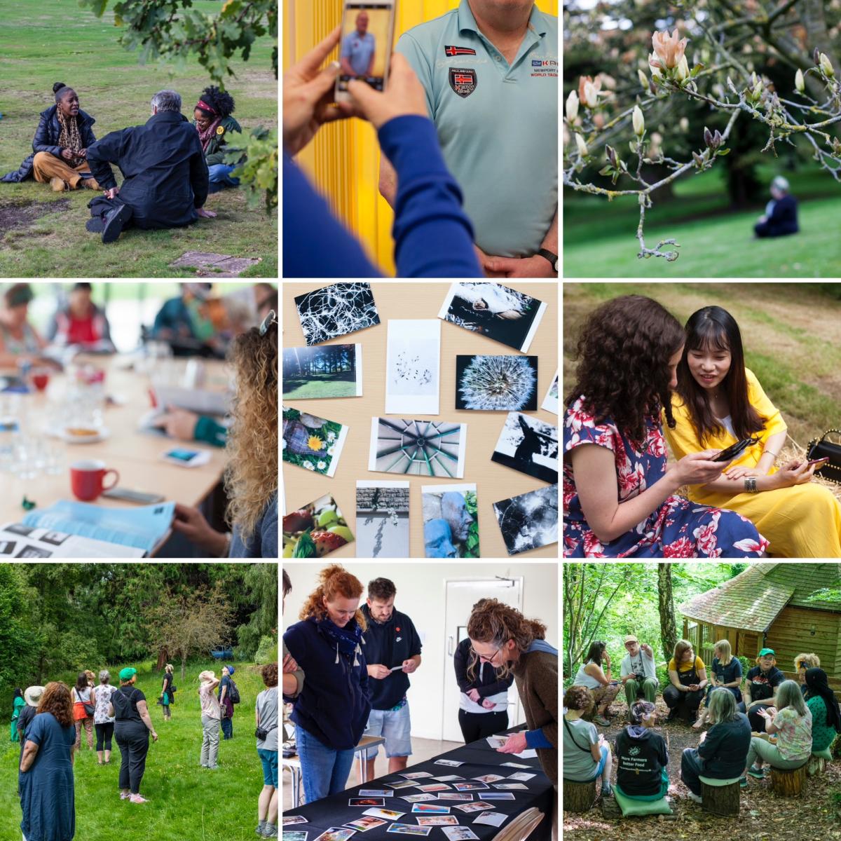 a composite photograph featuring images of people in a park and their photographs