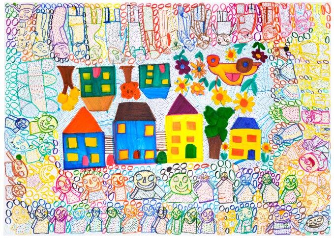 a colourful hand-drawn picture of houses and people seen from above.