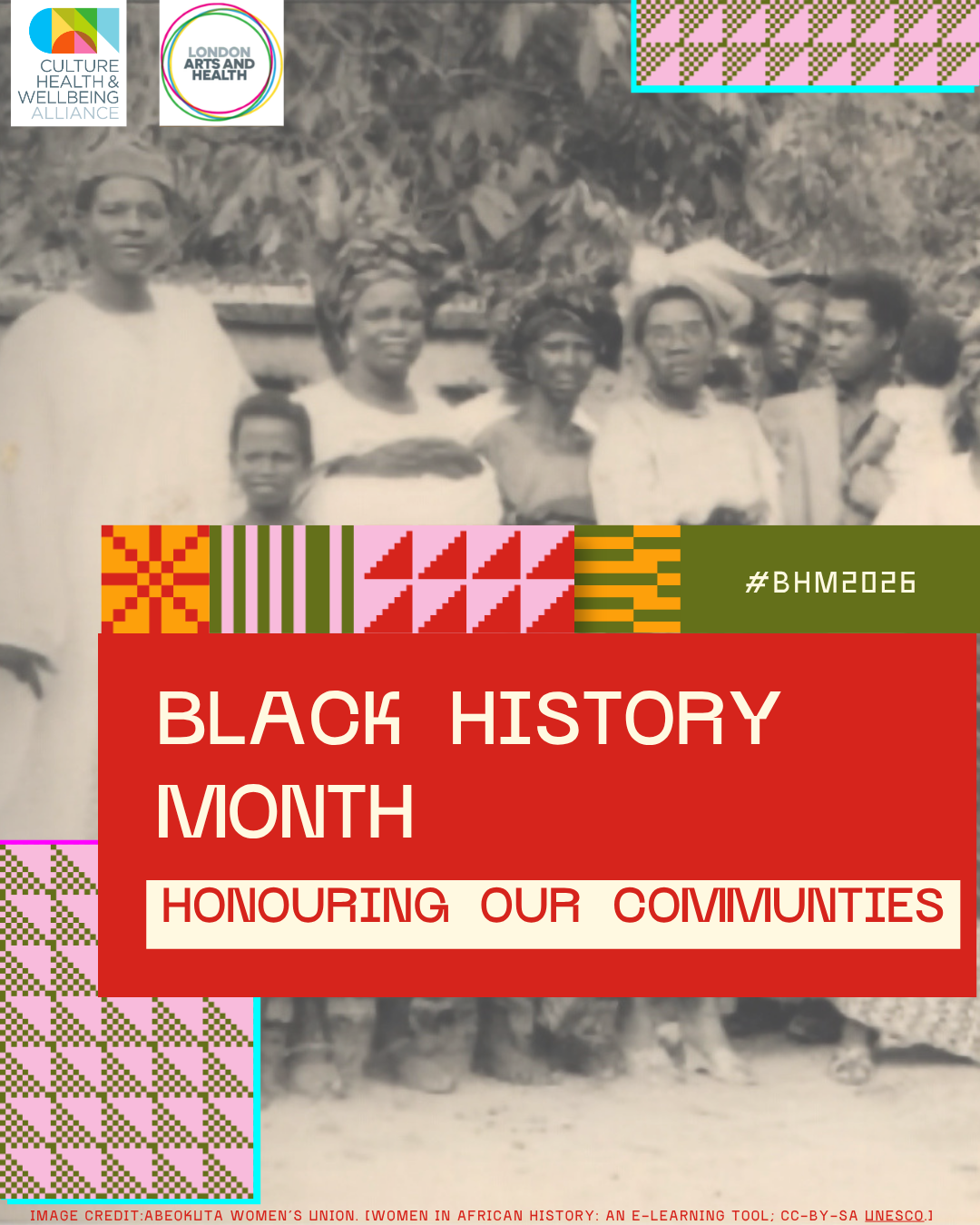 multi coloured graphics and text over a black and white picture