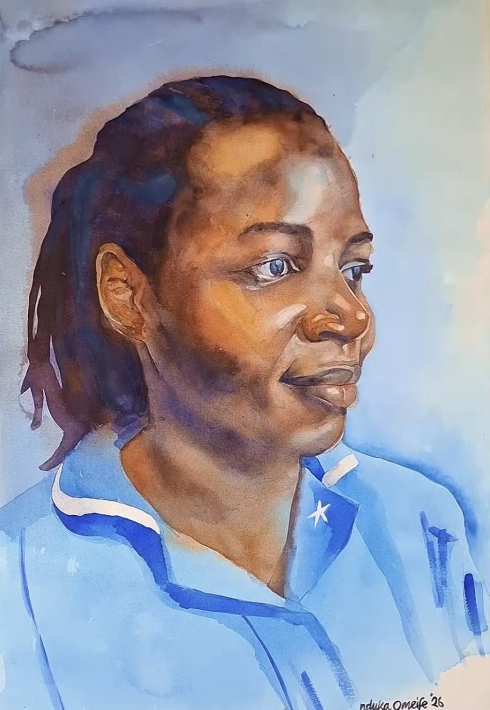 A painting of a black hospital nurse in watercolour from a side profile