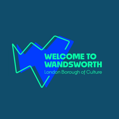 Aqua text on a blue background with a large W