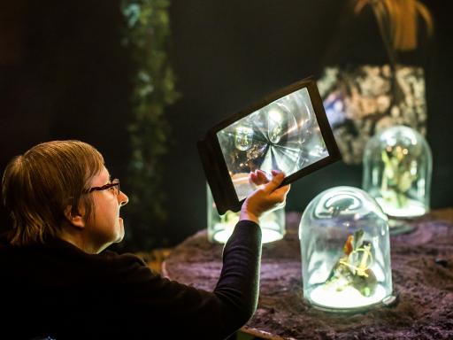 A woman looks at an installation by Justin Wiggan during the Sense Arts Festival at Birmingham Mac