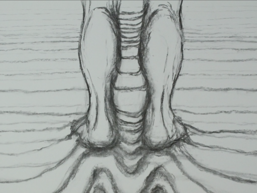 a drawing of the lower half of someone's legs on the sand, surrounded by lines in the sand