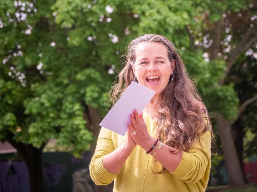 Vikki Parker, smiling in park in Derby 