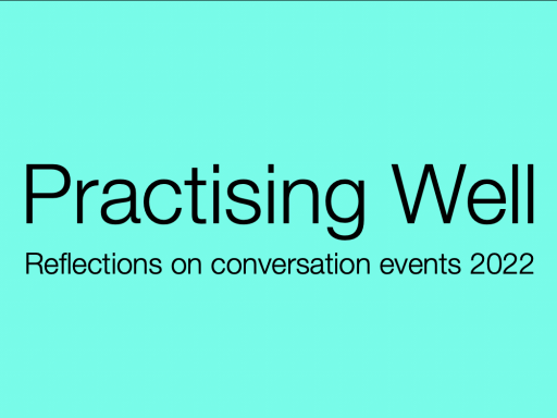 Practising Well Reflections on Conversation events 2022 in black text on a teal/turquoise background