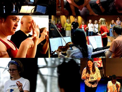A montage of different images of Turtle Arts sessions including a band rehearsal and dance