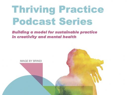 Logo for Thriving Practice podcast series featuring a colourful watercolour image of a seated figure in silhouette. The watercolour is by Brindi.