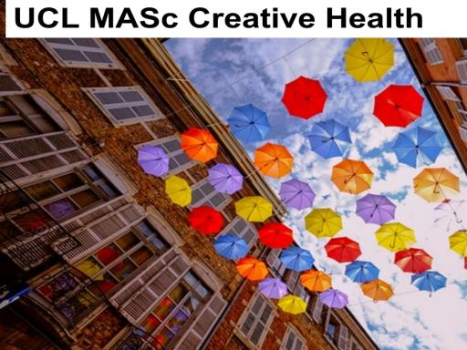 viewpoint up towards the blue sky with coloured umbrellas hanging in between two buildings 