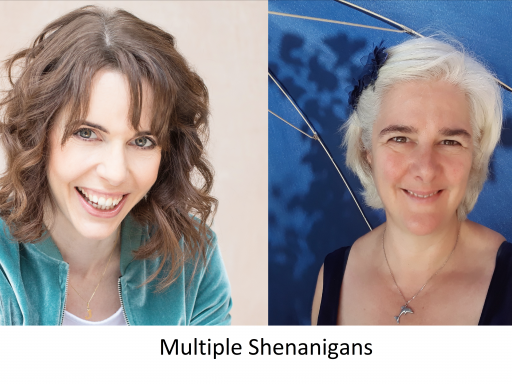 Picture of two white women, one with white hair on a blue background and one with brown loose curls on a beige background