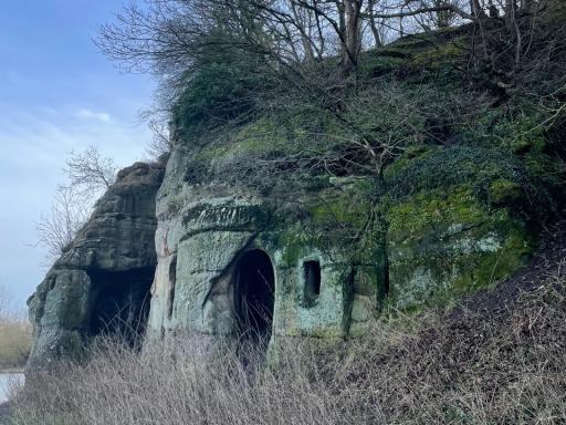photo of a cave in a sandstone outcrop in winter with grasses and water surrounding it