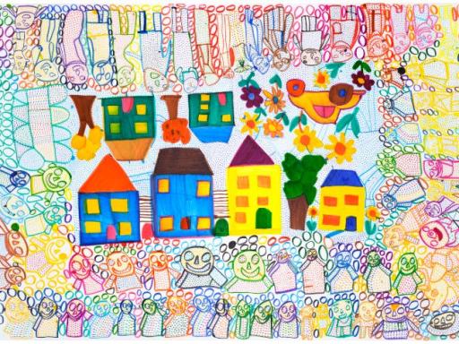 a colourful hand-drawn picture of houses and people seen from above.
