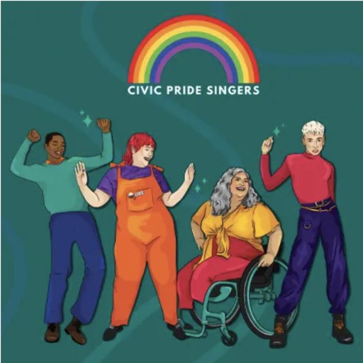 An illustration of three individuals standing wearing brightly coloured clothing and dancing and a person in a wheelchair smiling