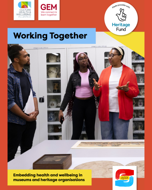 An image of 3 black people standing having a conversation on a red background with various coloured logos and shapes