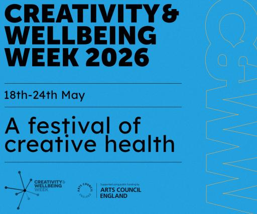 poster for creativity and wellbeing week - black text on blue background
