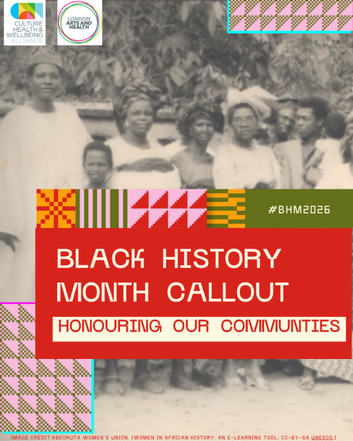 Colourful text and graphics over a black and white photo of a group of black people